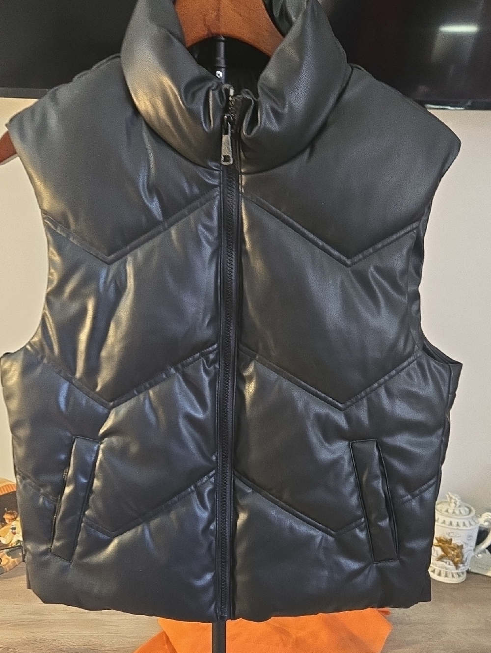 Black Faux Leather Puffer Vest - Women